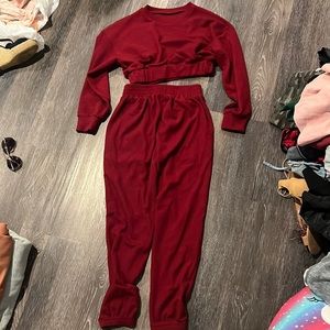 Wine colored sweatpants and cropped crewneck set